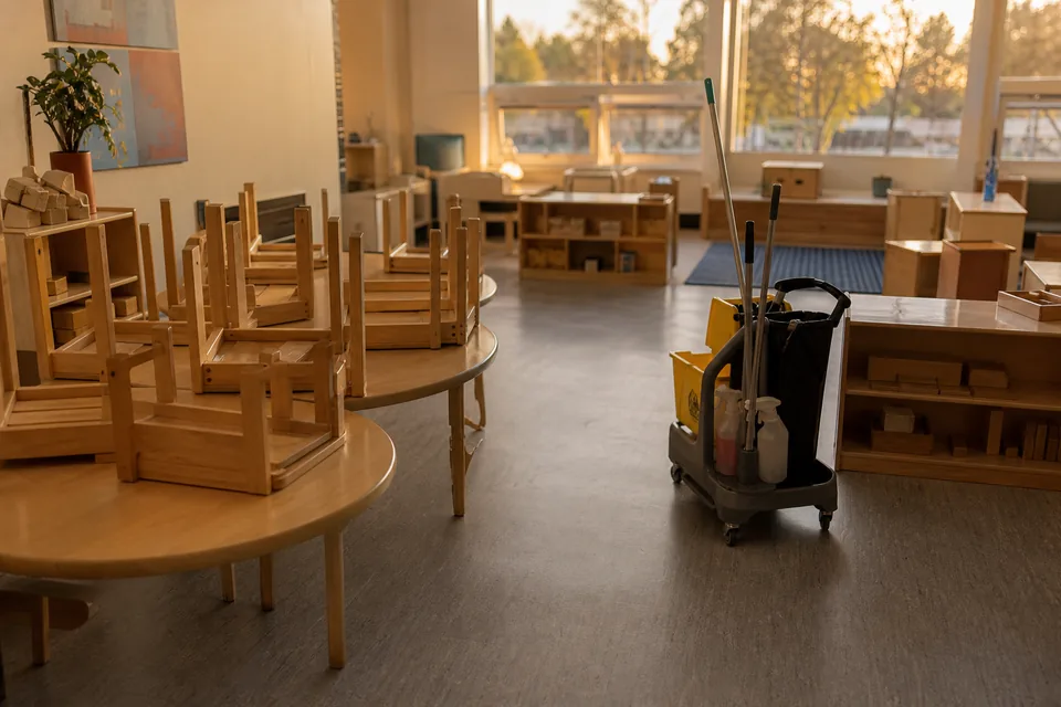 Janitorial cart beside low tables and small chairs in an empty early learning classroom after closing