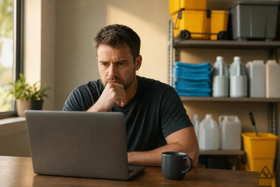 Cleaning company owner reviewing subscription options on a laptop in his office