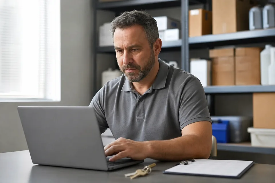Cleaning company estimator reviewing a list of open bid notices on a laptop at a desk