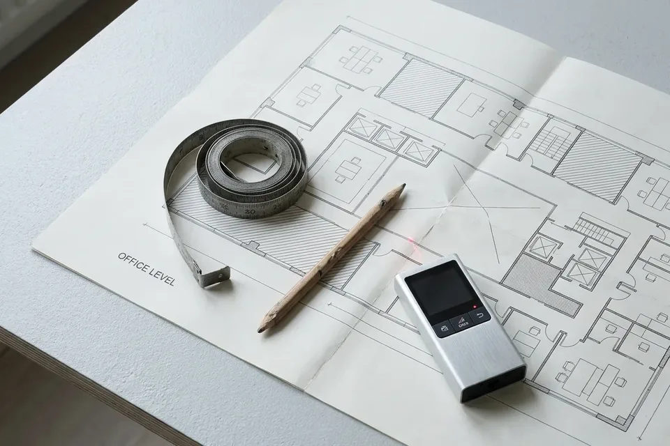 Building floor plan with a measuring tape and a laser distance meter used to price a cleaning bid