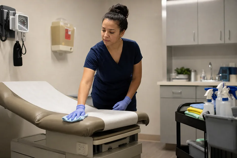 Cleaner disinfecting an exam table in a medical office after hours