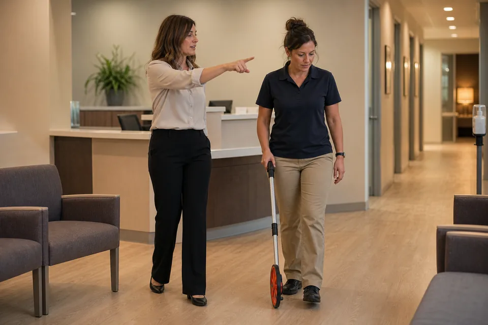 Cleaning company owner measuring a medical office waiting room with the practice manager during a walkthrough