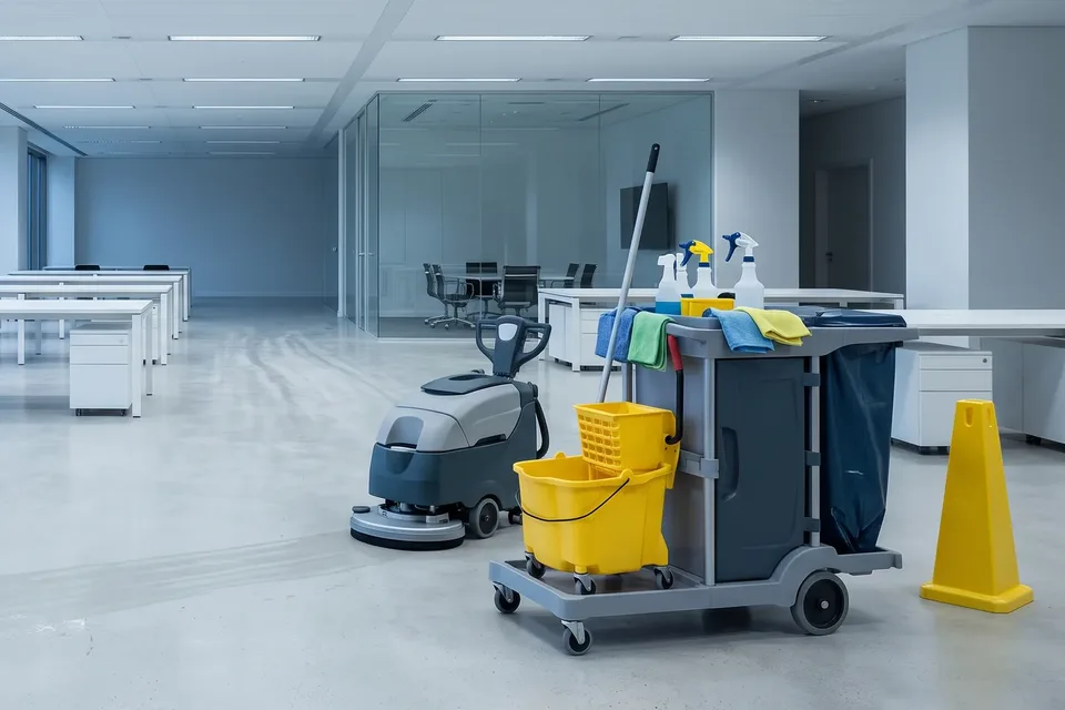 Walk-behind floor scrubber and janitorial cart on a freshly scrubbed concrete floor